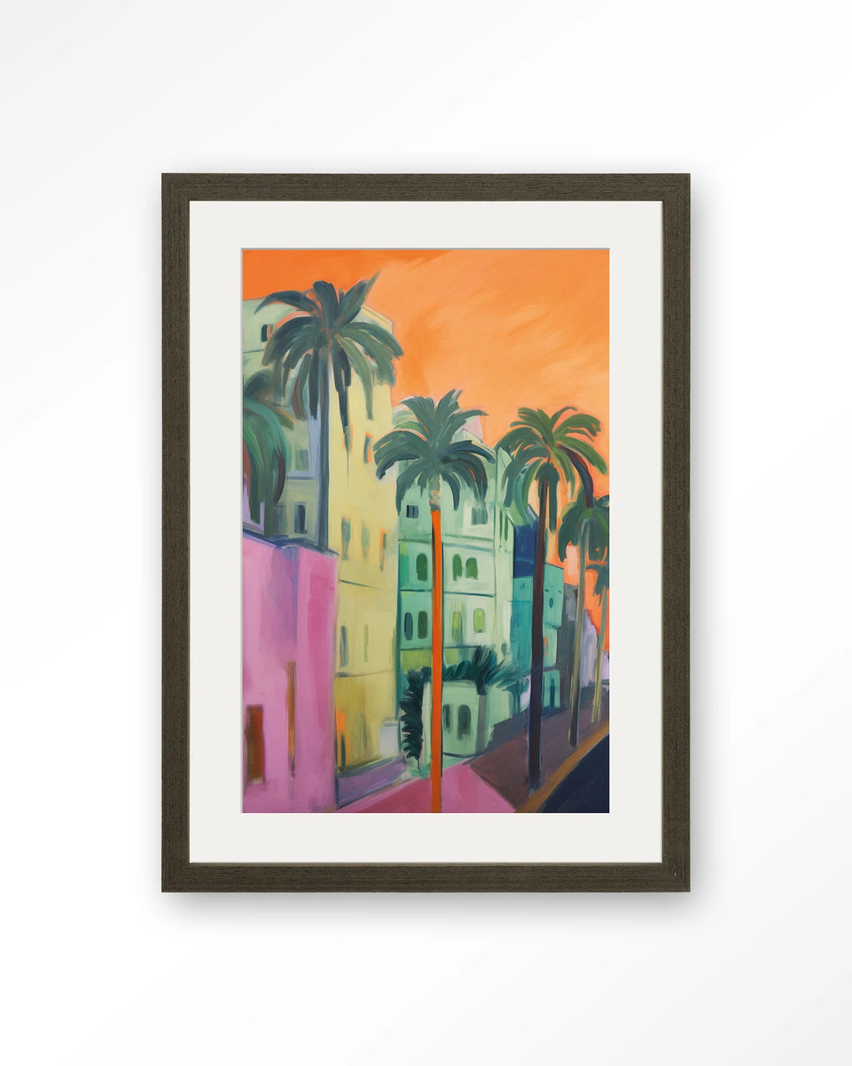 Palm Street – straat met palmbomen – Art print – Hout donkerbruin + passe-partout