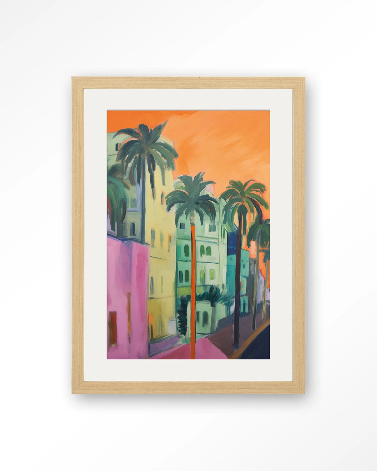Palm Street – straat met palmbomen – Art print – Hout naturel + passe-partout