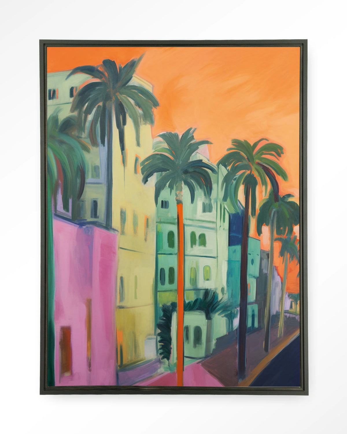 Palm Street – straat met palmbomen – Wandkleed – Floating frame – zwart