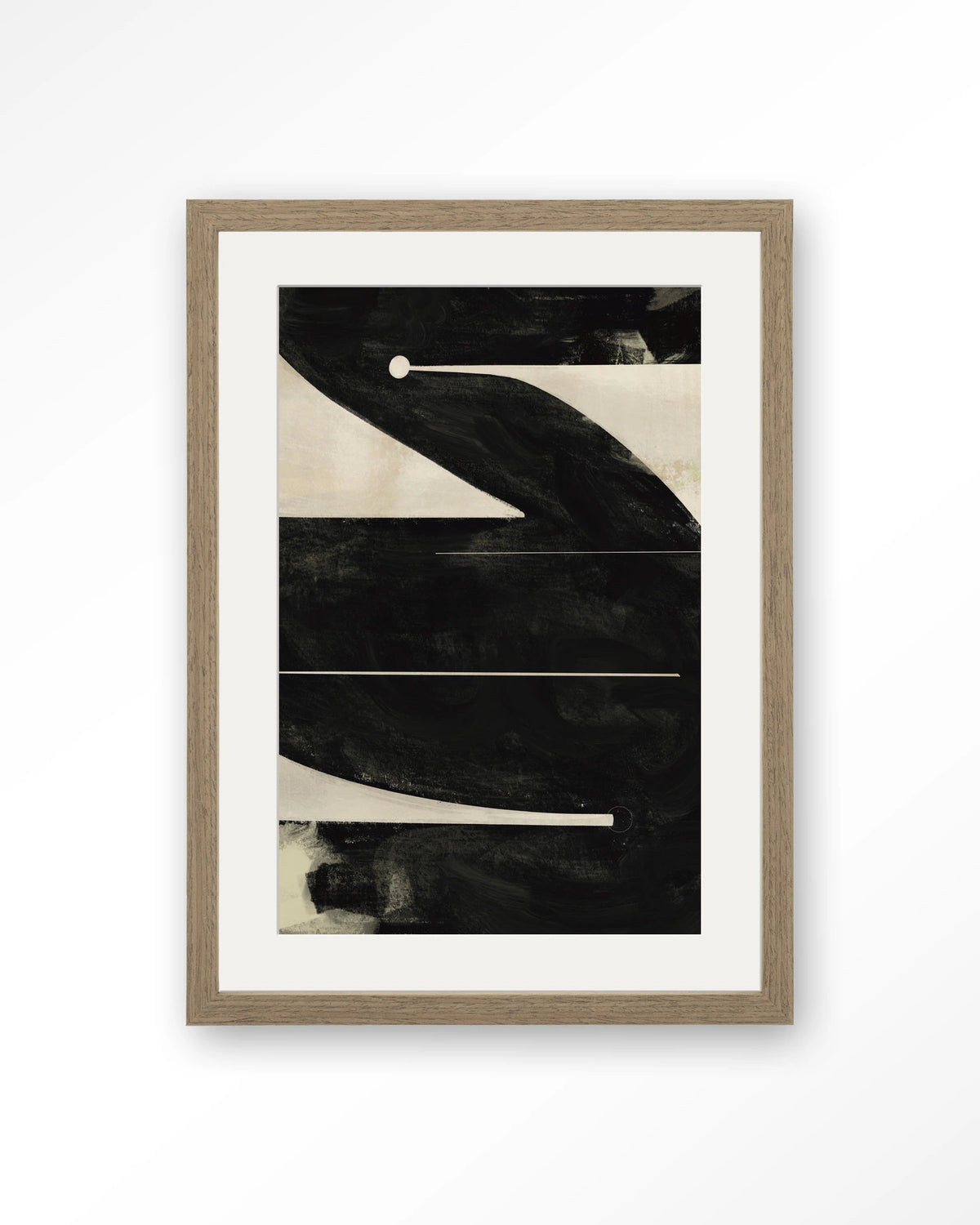 Nocturne Oasis – abstract in zwart en crème – Art print – Hout bruin + passe-partout