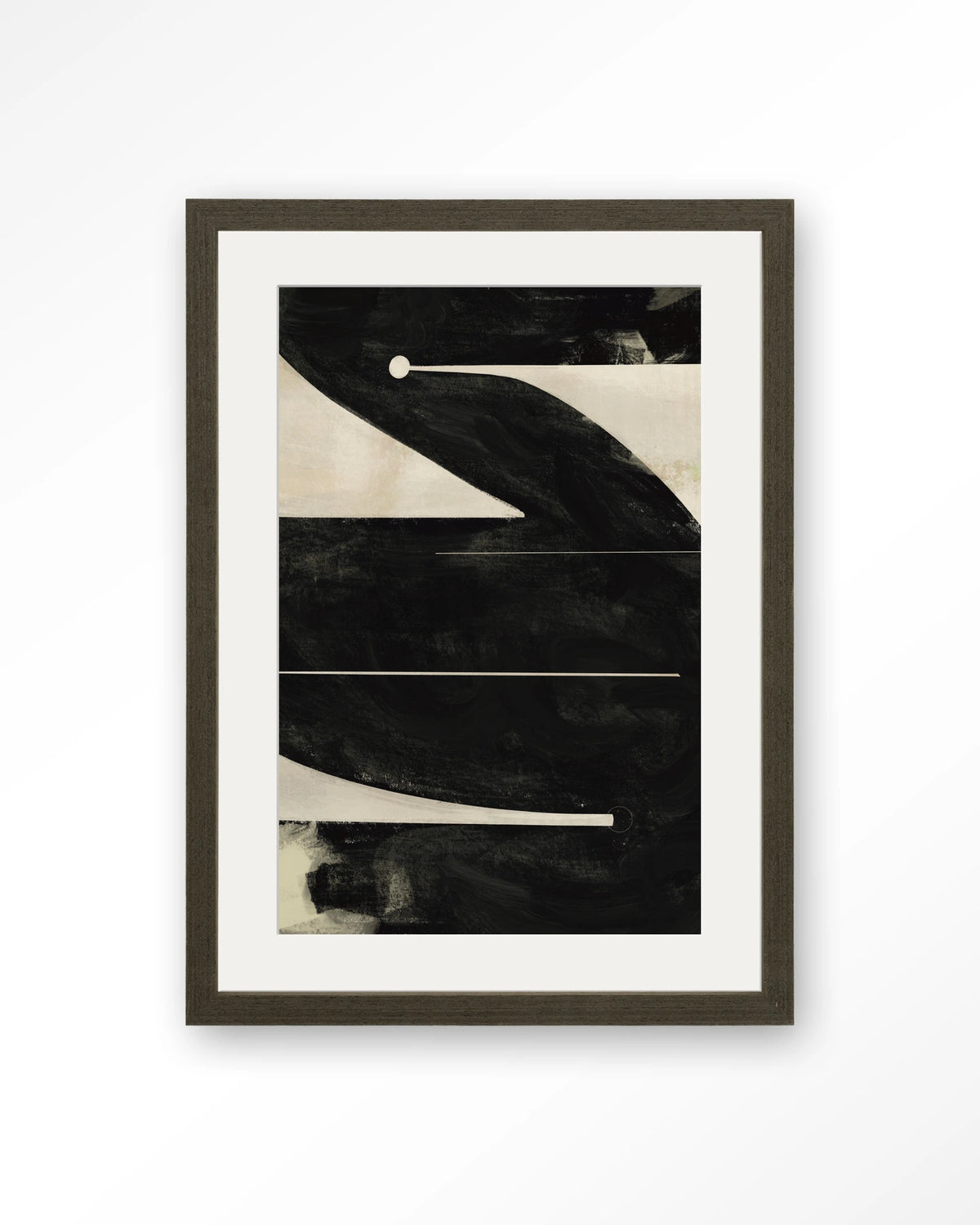 Nocturne Oasis – abstract in zwart en crème – Art print – Hout donkerbruin + passe-partout