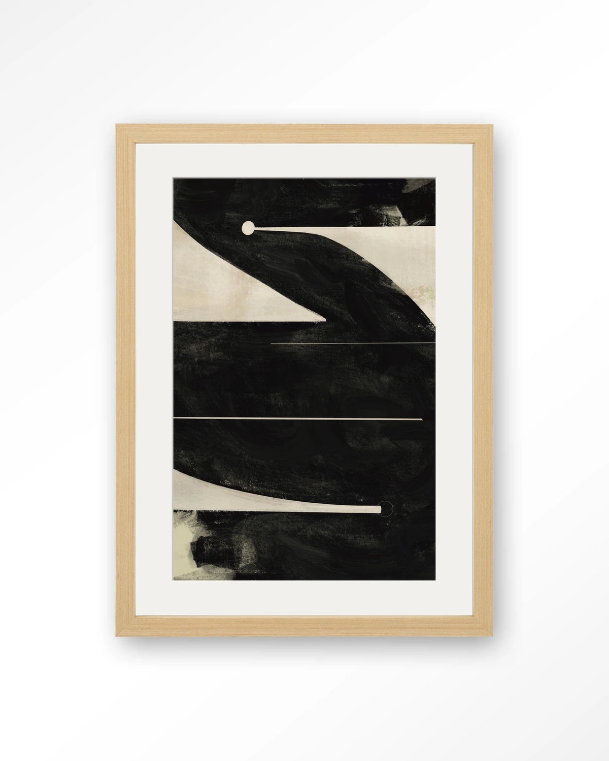 Nocturne Oasis – abstract in zwart en crème – Art print – Hout naturel + passe-partout