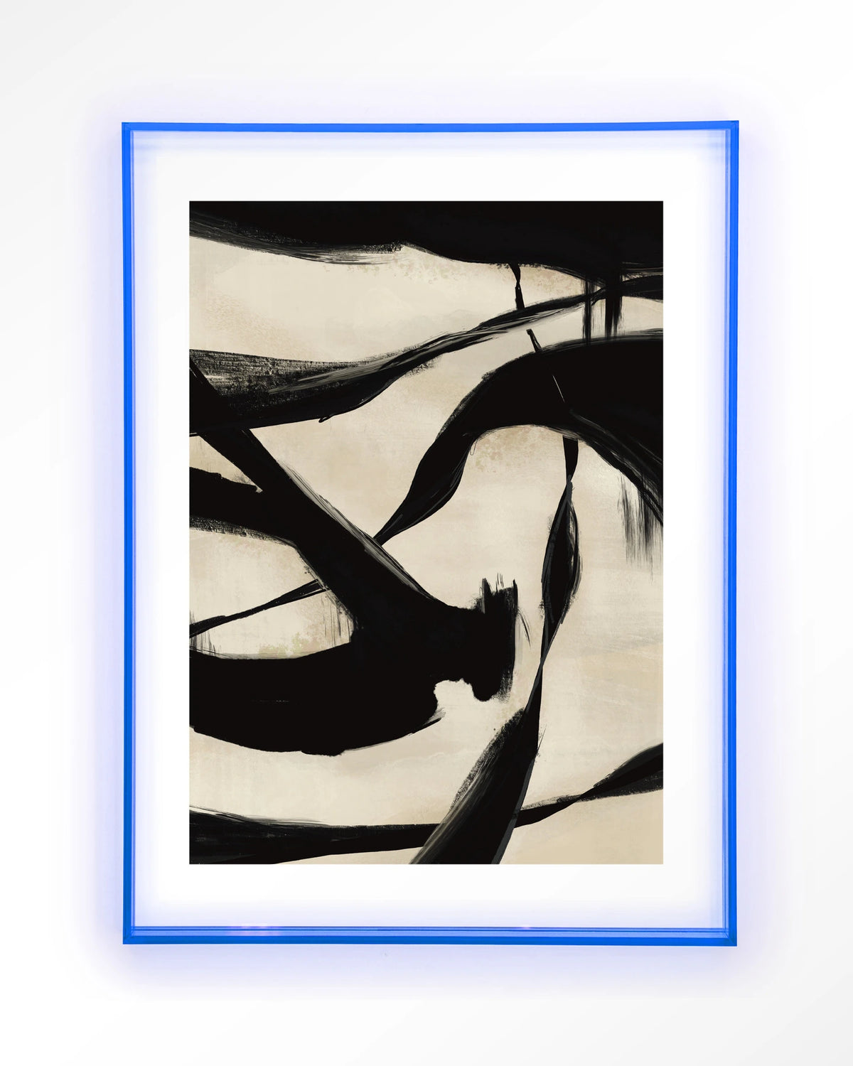 Nocturne Fortex – abstract in zwart en beige penseelstreken – Art print – Acryl lichtblauw