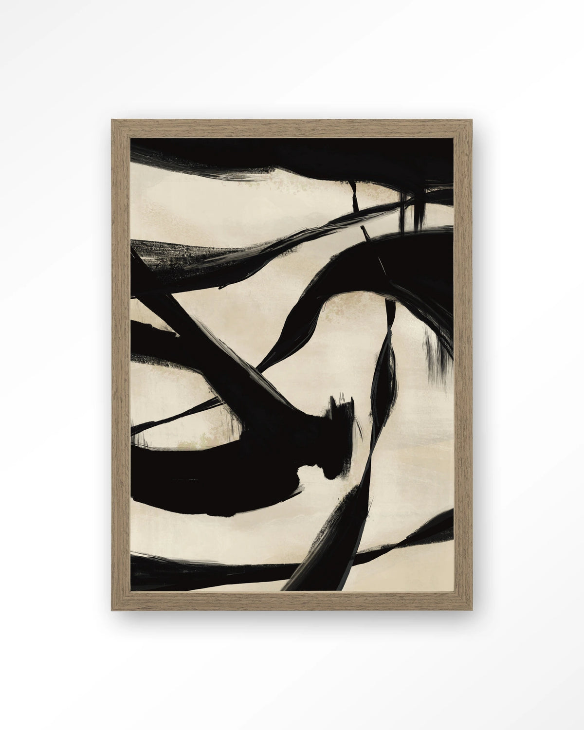 Nocturne Fortex – abstract in zwart en beige penseelstreken – Art print – Hout bruin