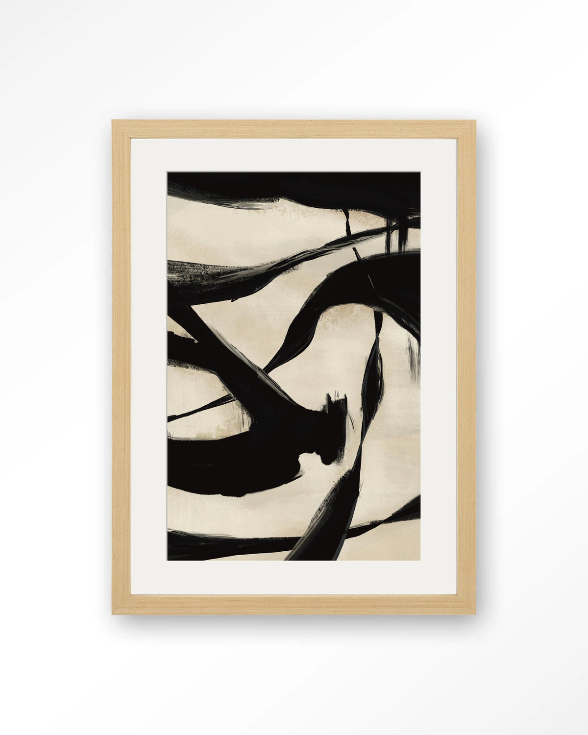 Nocturne Fortex – abstract in zwart en beige penseelstreken – Art print – Hout naturel + passe-partout