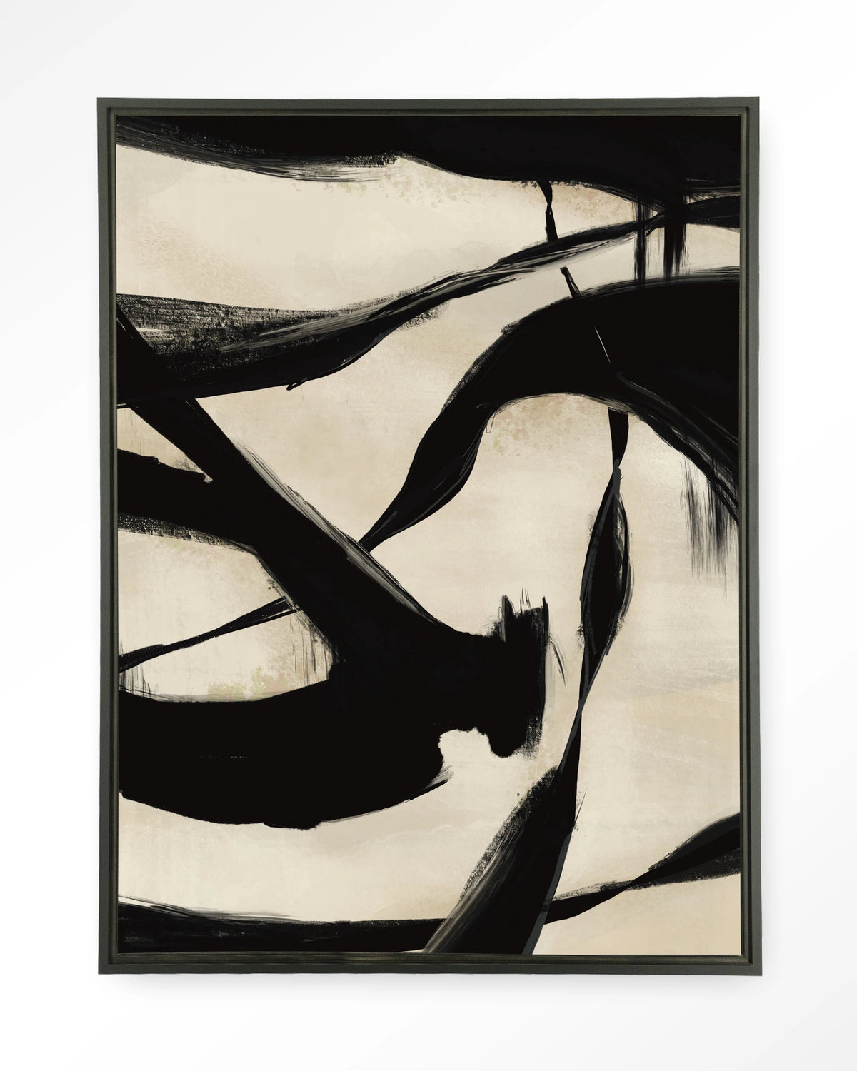 Nocturne Fortex – abstract in zwart en beige penseelstreken – Wandkleed – Floating frame – zwart