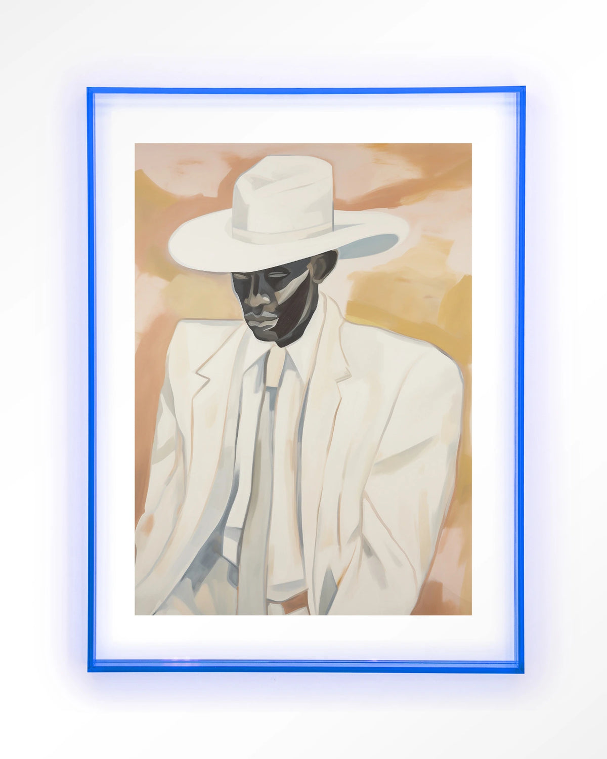 Dusty Don – man met witte hoed en pak – Art print – Acryl lichtblauw