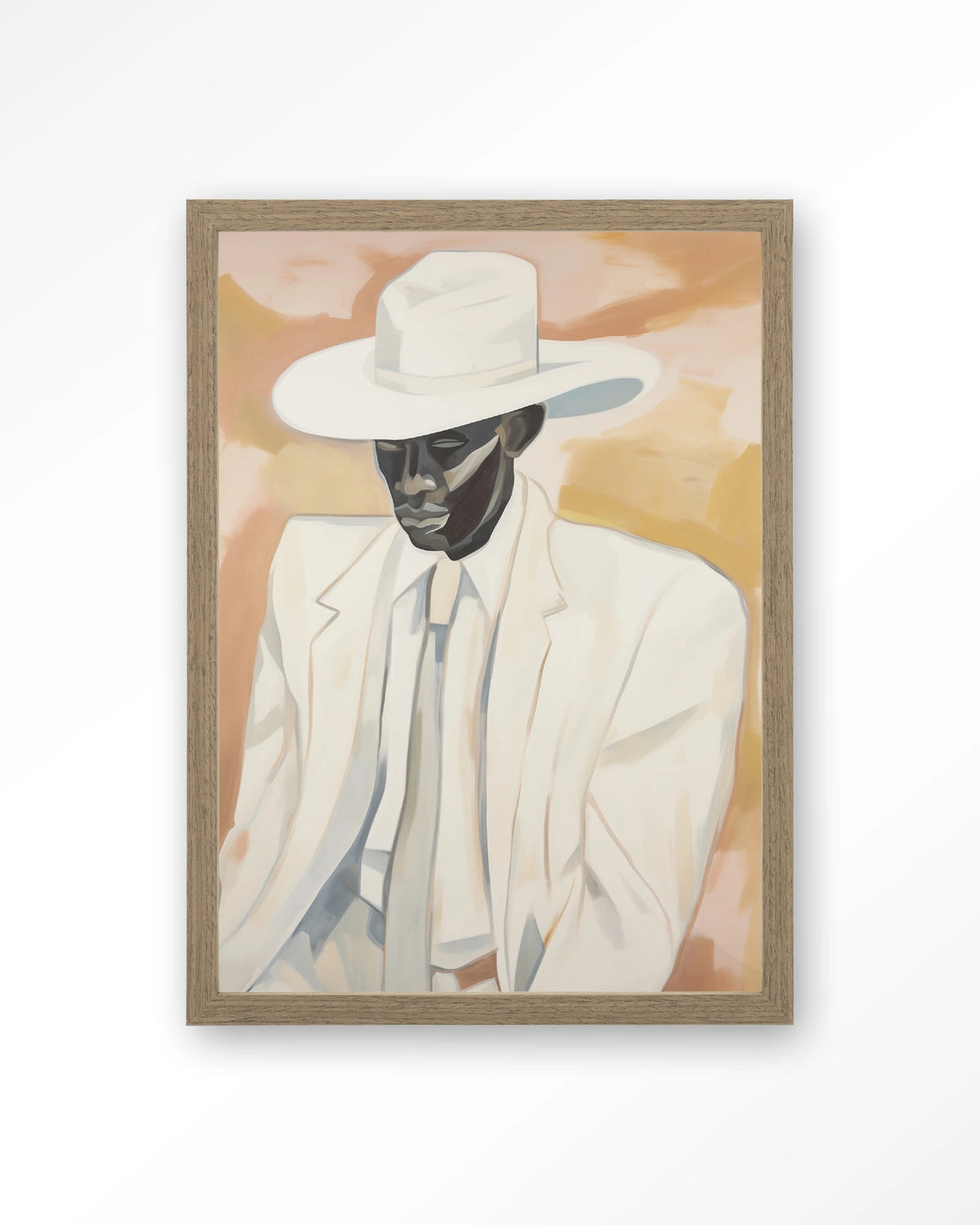 Dusty Don – man met witte hoed en pak – Art print – Hout bruin