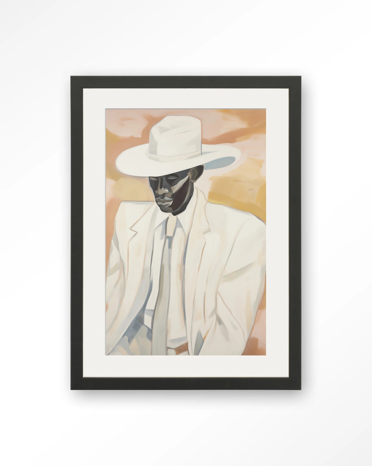 Dusty Don – man met witte hoed en pak – Art print – Hout zwart + passe-partout