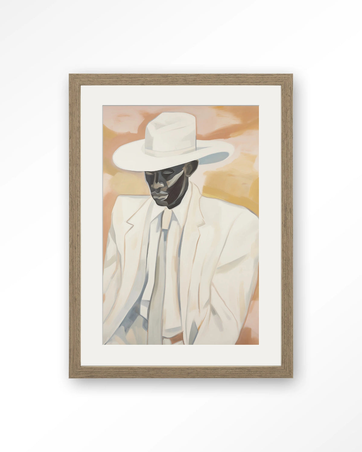 Dusty Don – man met witte hoed en pak – Art print – Hout bruin + passe-partout