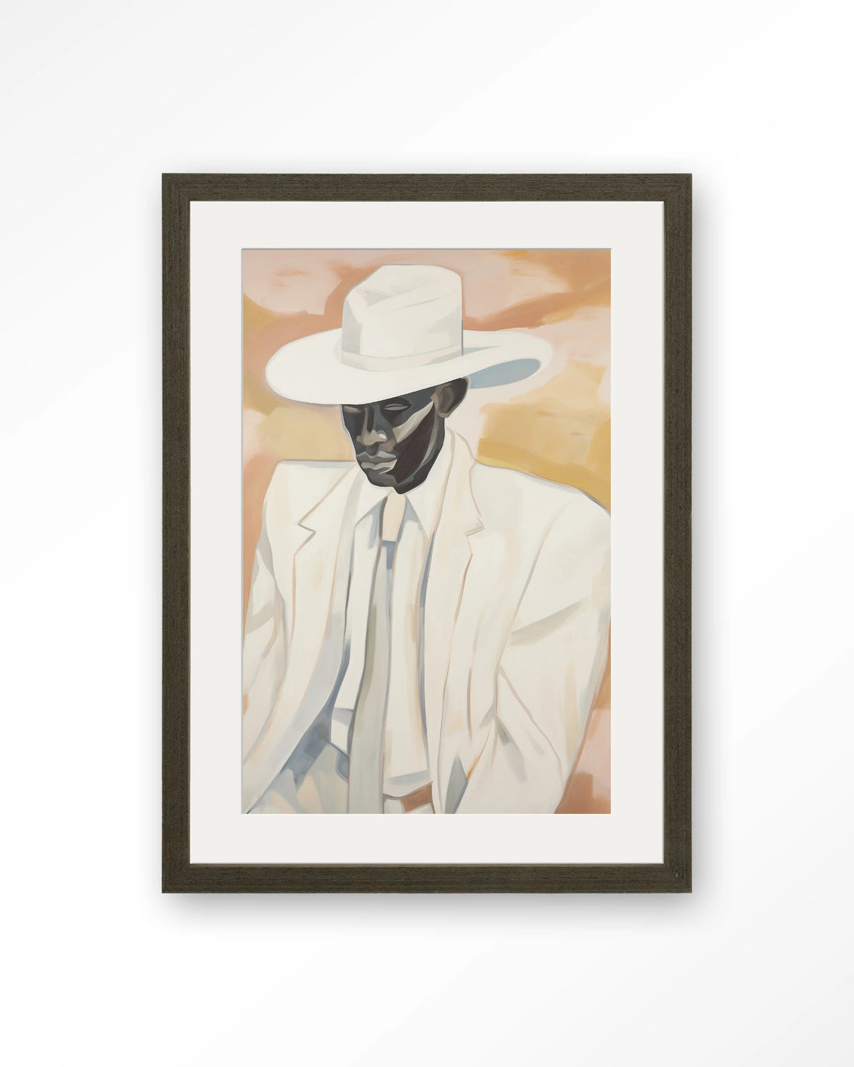 Dusty Don – man met witte hoed en pak – Art print – Hout donkerbruin + passe-partout