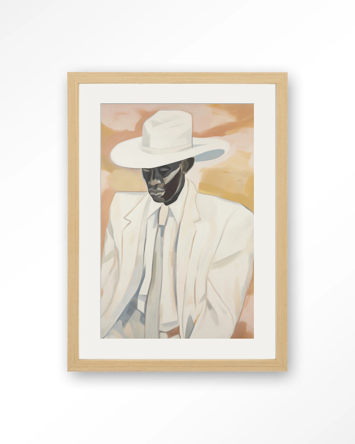 Dusty Don – man met witte hoed en pak – Art print – Hout naturel + passe-partout