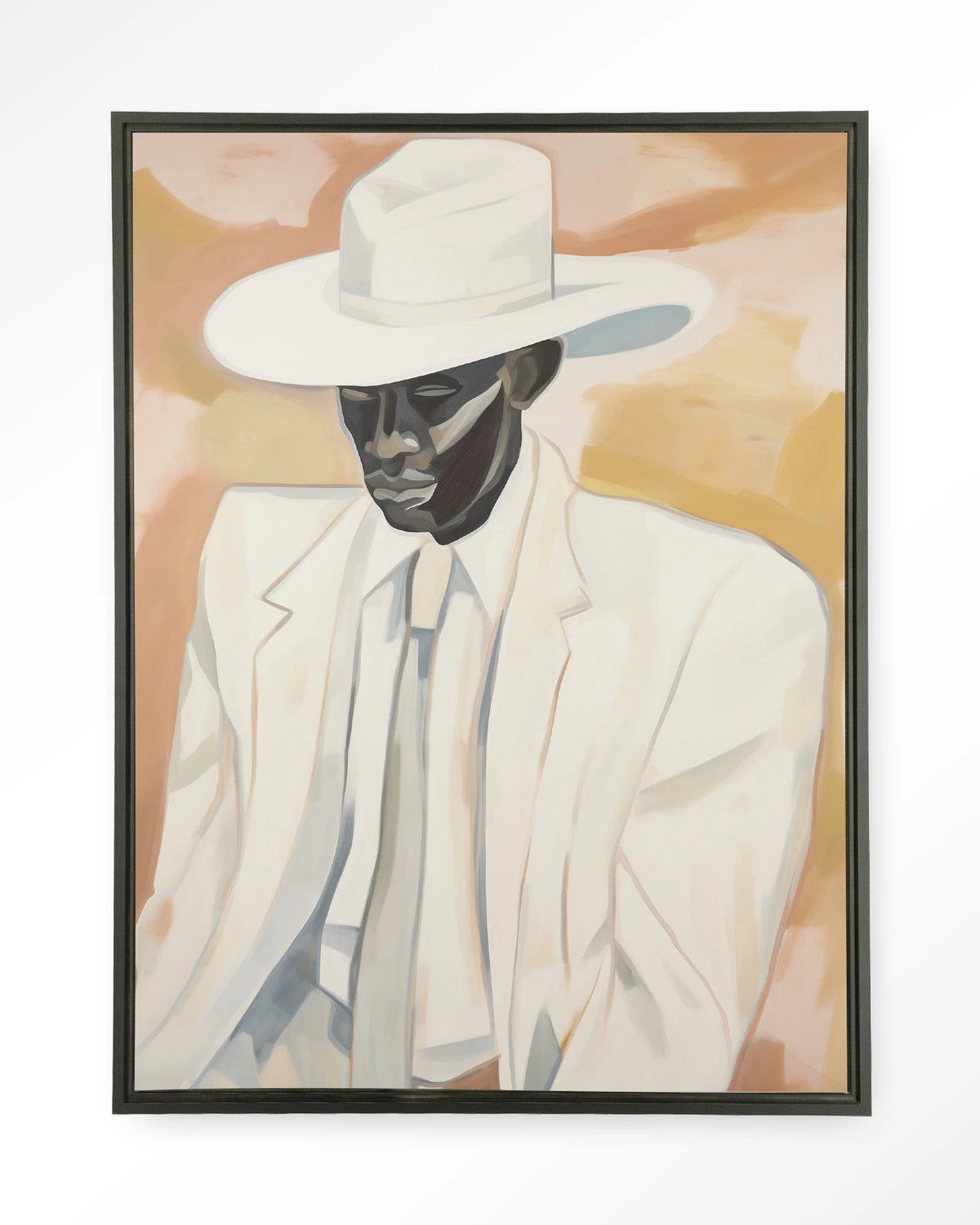 Dusty Don – man met witte hoed en pak – Wandkleed – Floating frame – zwart