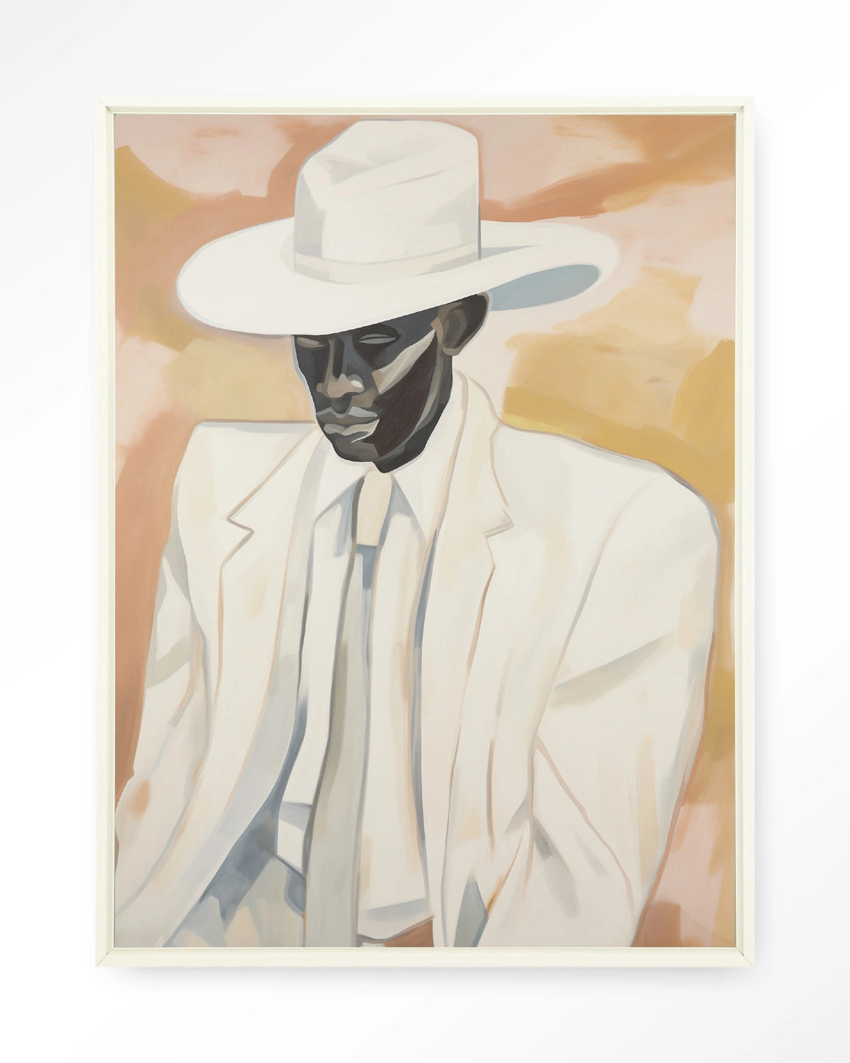Dusty Don – man met witte hoed en pak – Wandkleed – Floating frame – wit