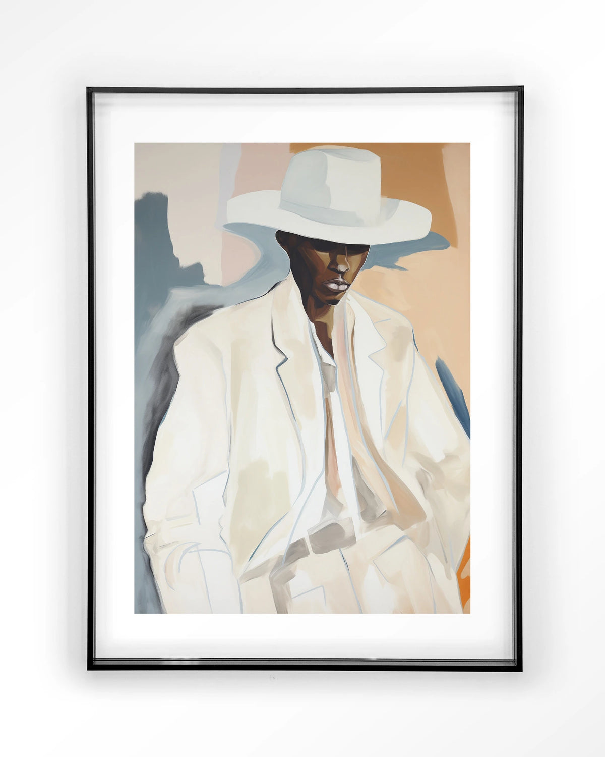 Saloon Sam – man met witte hoed en pak – Art print – Acryl zwart