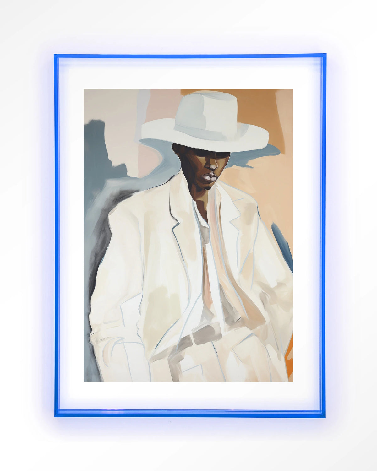 Saloon Sam – man met witte hoed en pak – Art print – Acryl lichtblauw