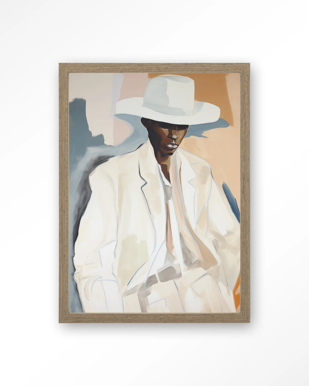 Saloon Sam – man met witte hoed en pak – Art print – Hout bruin