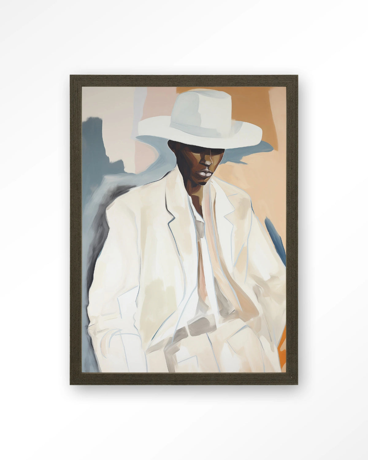 Saloon Sam – man met witte hoed en pak – Art print – Hout donkerbruin
