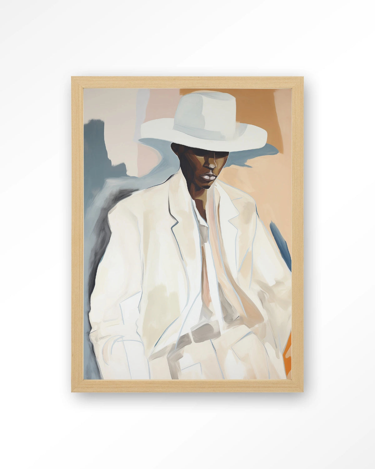 Saloon Sam – man met witte hoed en pak – Art print – Hout naturel