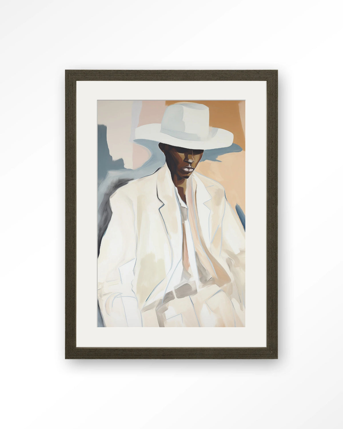 Saloon Sam – man met witte hoed en pak – Art print – Hout donkerbruin + passe-partout