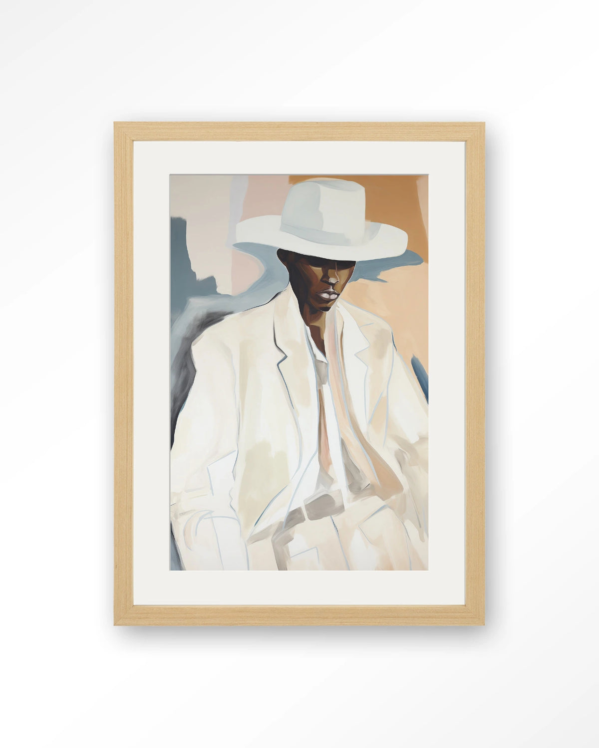 Saloon Sam – man met witte hoed en pak – Art print – Hout naturel + passe-partout