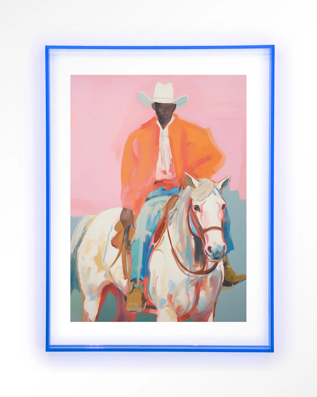 The Sheriff – cowboy te paard op roze – Art print – Acryl lichtblauw
