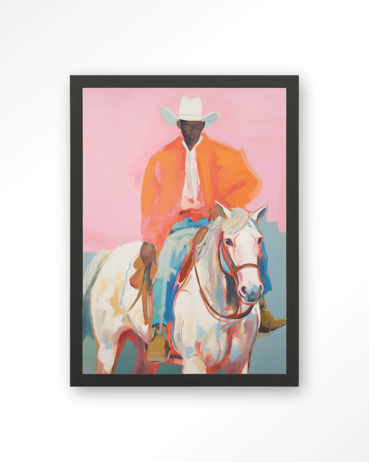 The Sheriff – cowboy te paard op roze – Art print – Hout zwart