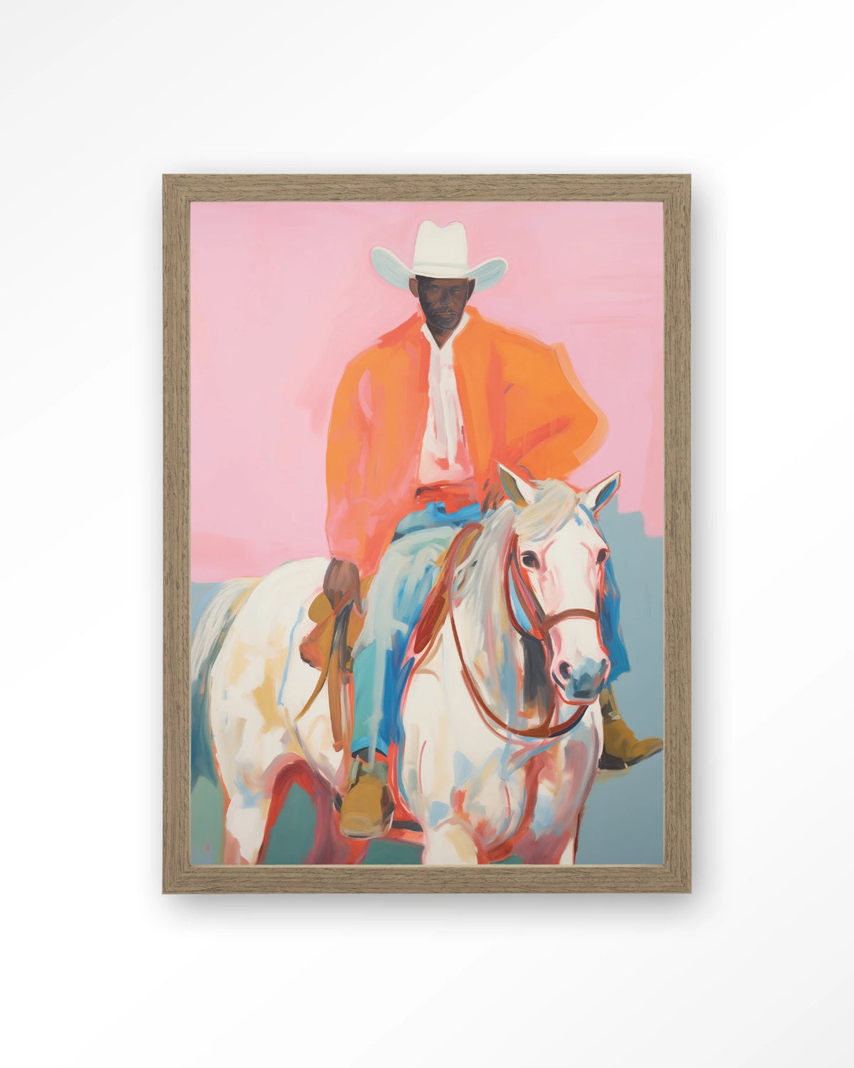 The Sheriff – cowboy te paard op roze – Art print – Hout bruin