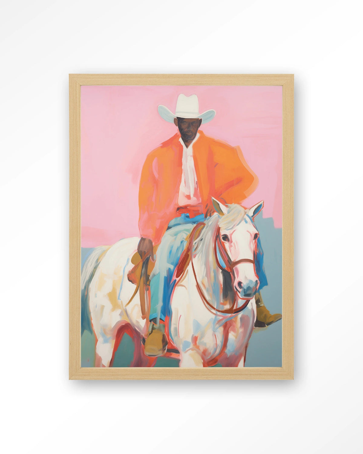 The Sheriff – cowboy te paard op roze – Art print – Hout naturel