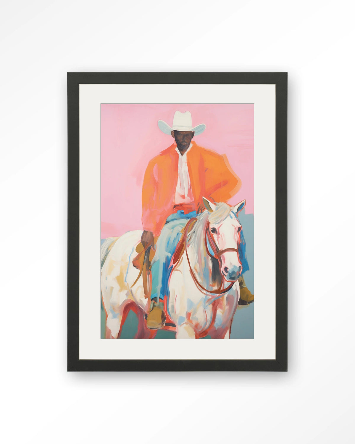 The Sheriff – cowboy te paard op roze – Art print – Hout zwart + passe-partout