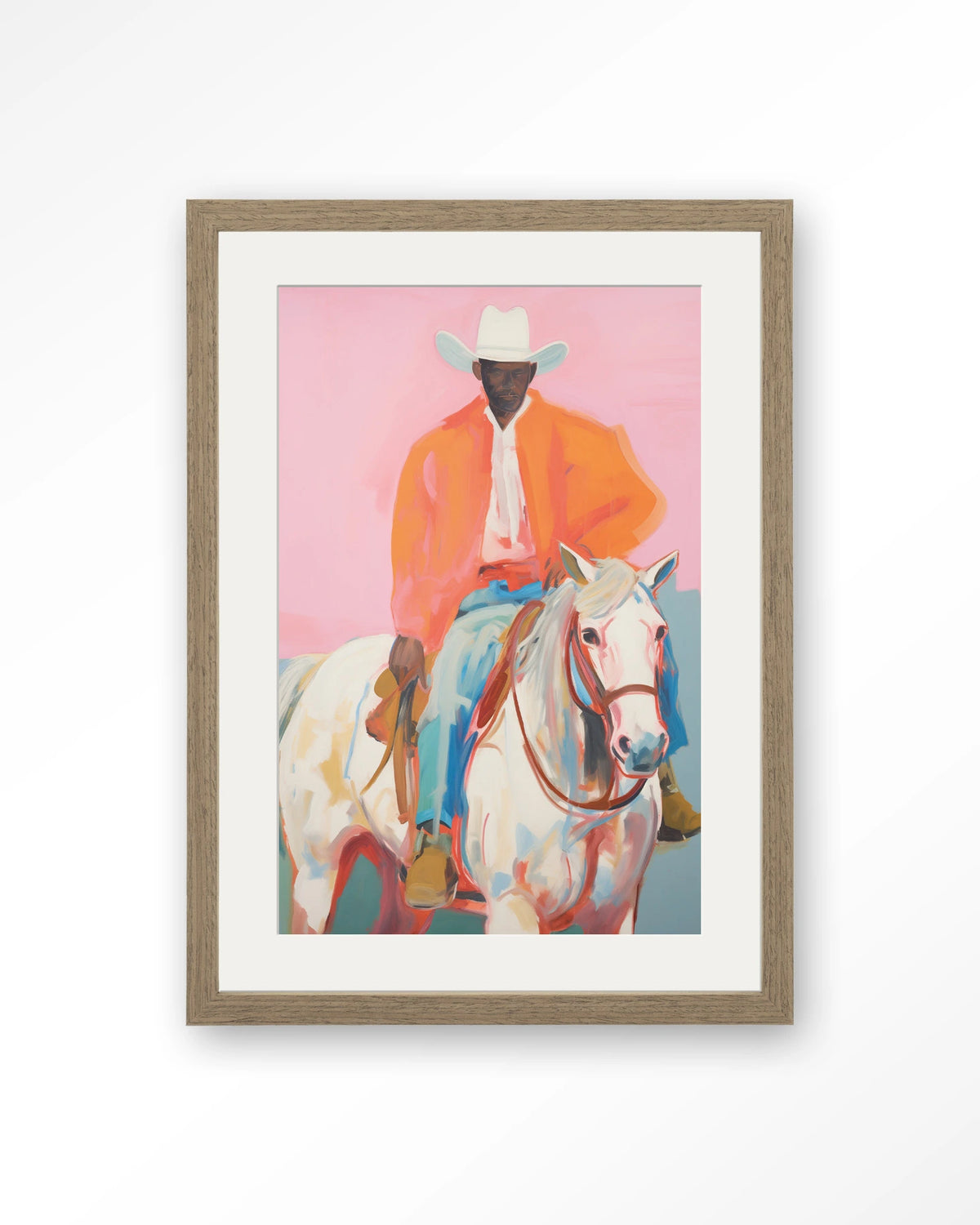 The Sheriff – cowboy te paard op roze – Art print – Hout bruin + passe-partout