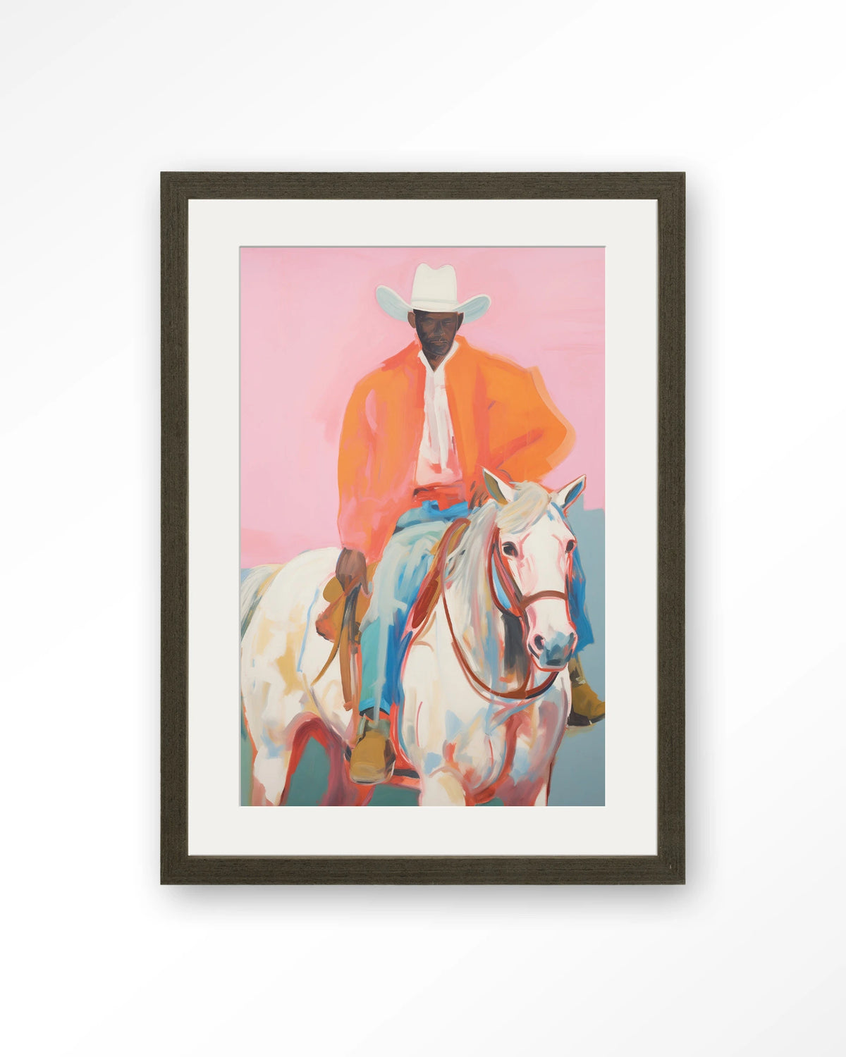 The Sheriff – cowboy te paard op roze – Art print – Hout donkerbruin + passe-partout