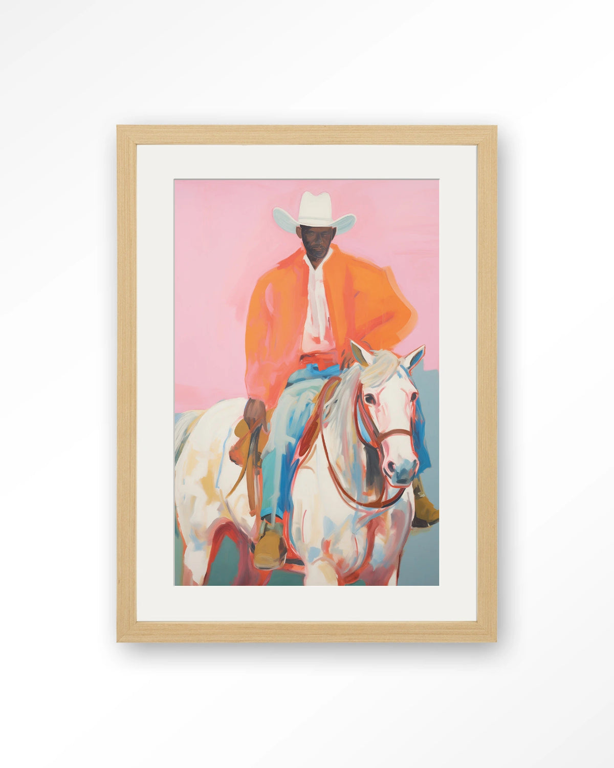The Sheriff – cowboy te paard op roze – Art print – Hout naturel + passe-partout
