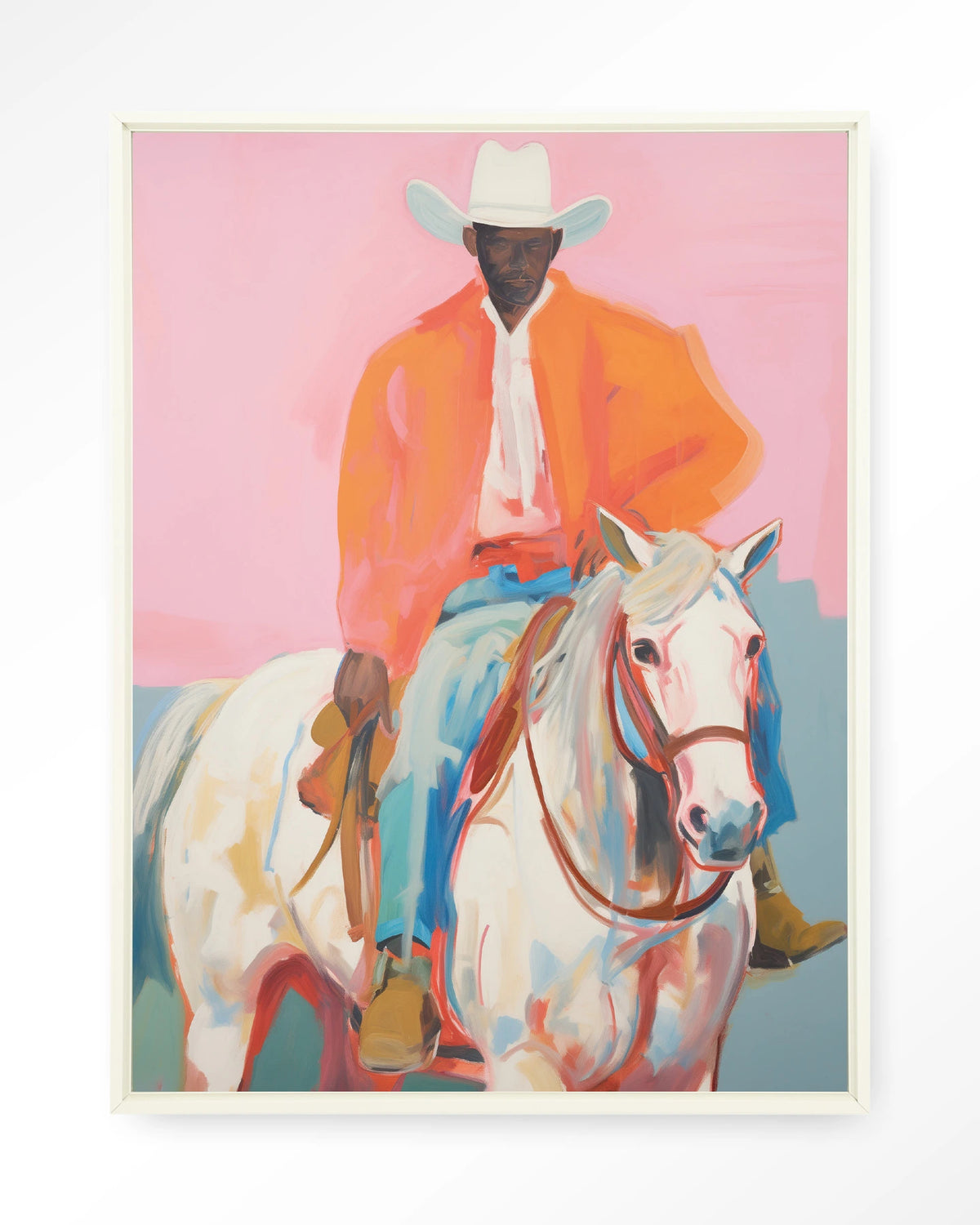 The Sheriff – cowboy te paard op roze – Wandkleed – Floating frame – wit