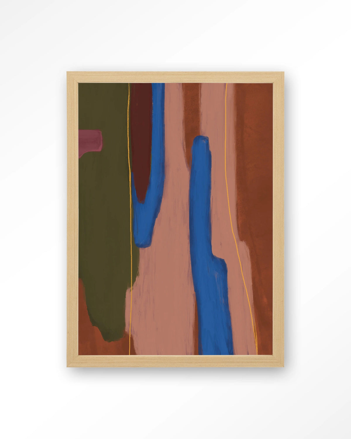 Tajo – abstract in blauw en rood – Art print – Hout naturel