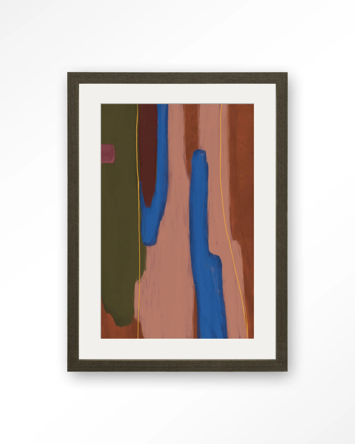 Tajo – abstract in blauw en rood – Art print – Hout donkerbruin + passe-partout