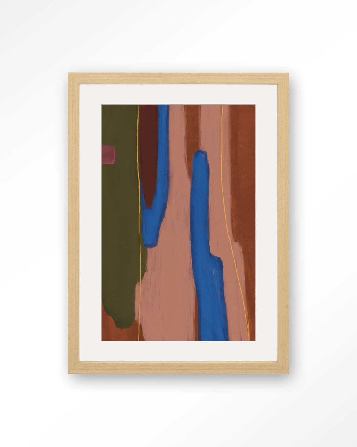 Tajo – abstract in blauw en rood – Art print – Hout naturel + passe-partout