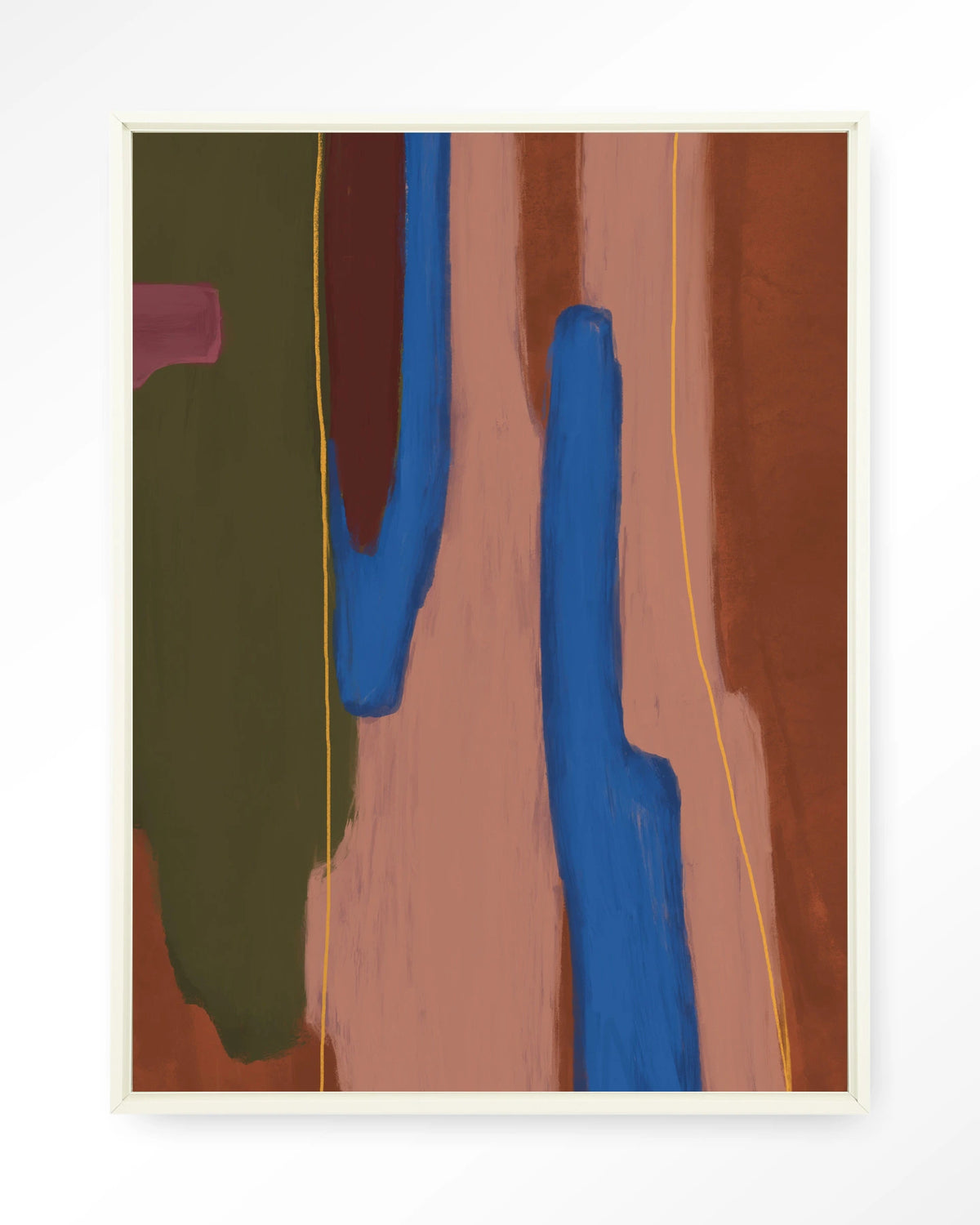 Tajo – abstract in blauw en rood – Wandkleed – Floating frame – wit