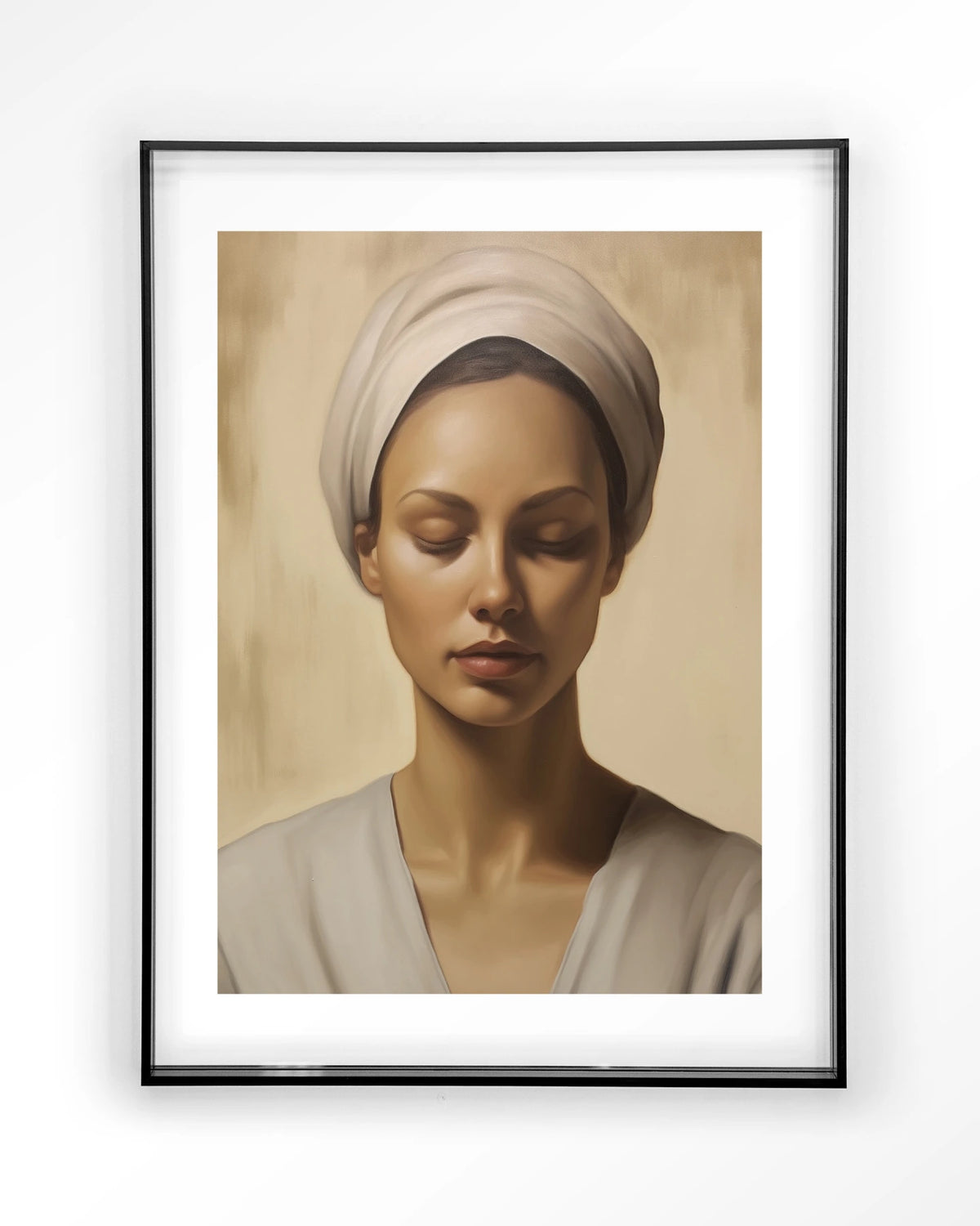 Healing – portret van een vrouw met hoofddoek – Art print – Acryl zwart