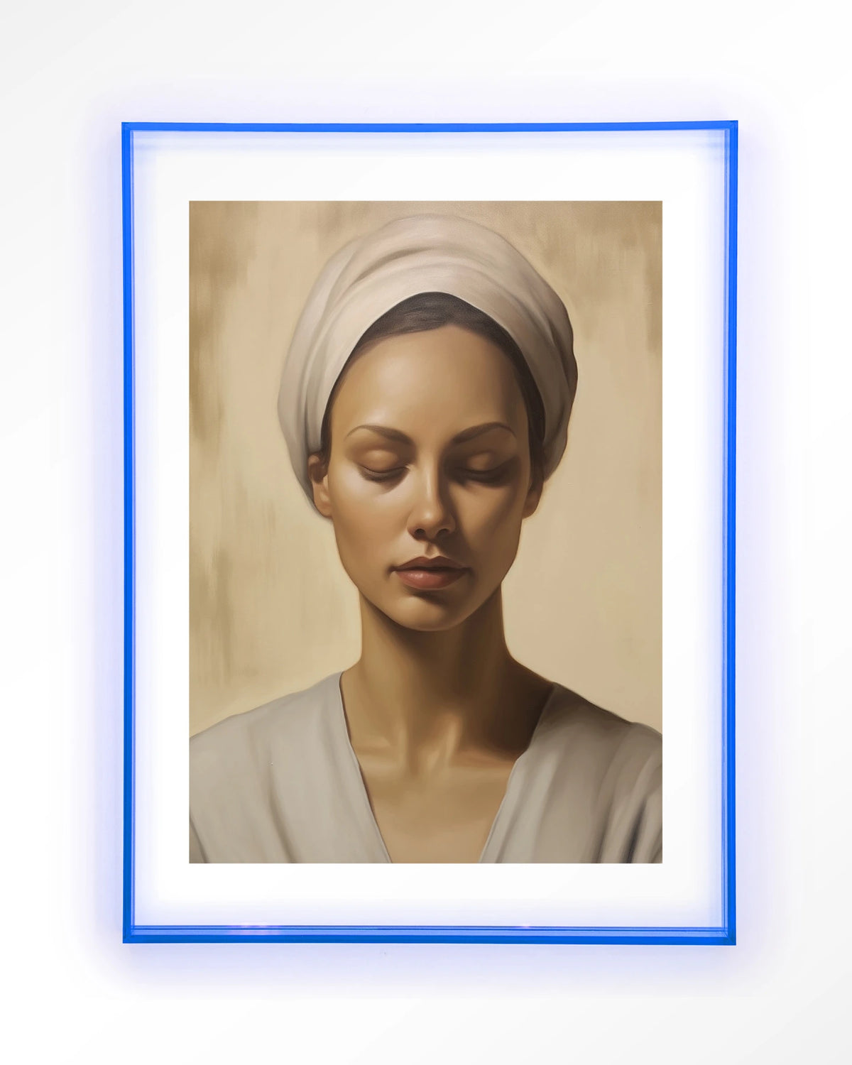 Healing – portret van een vrouw met hoofddoek – Art print – Acryl lichtblauw