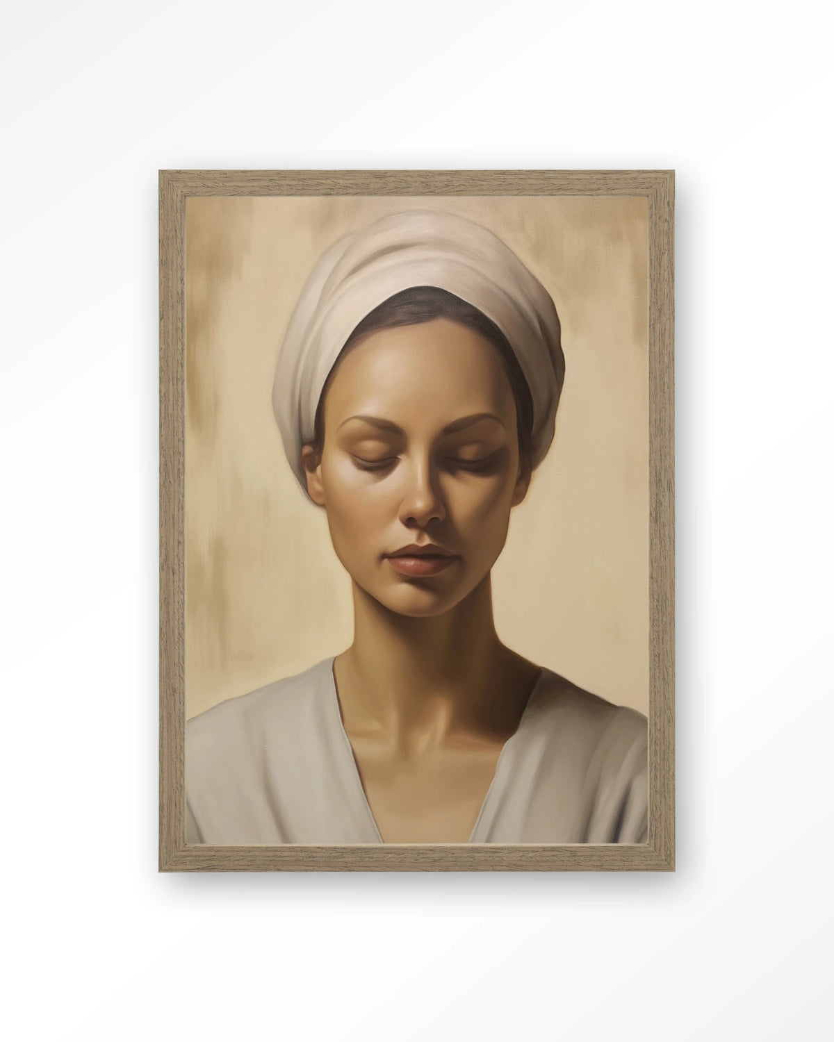 Healing – portret van een vrouw met hoofddoek – Art print – Hout bruin
