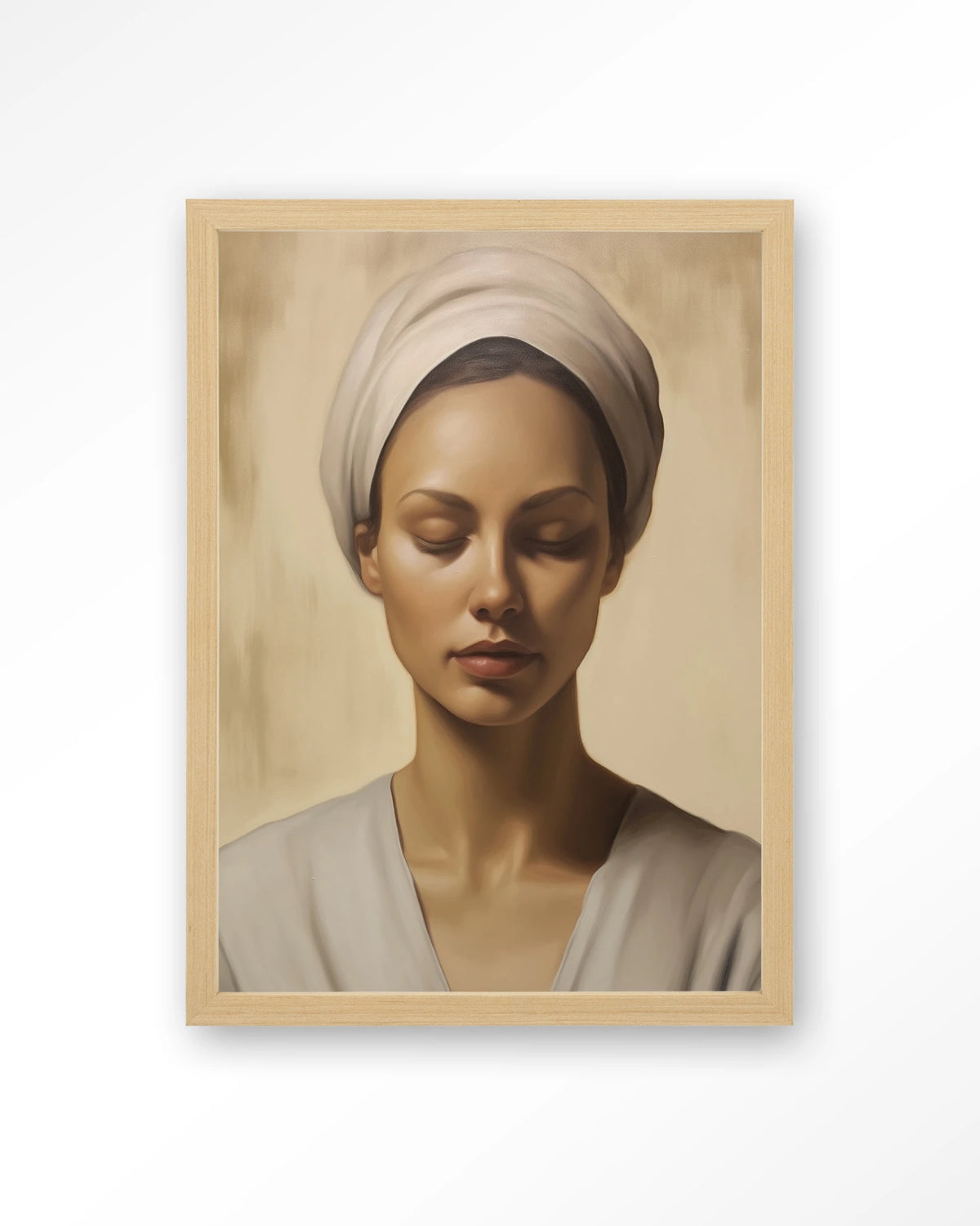 Healing – portret van een vrouw met hoofddoek – Art print – Hout naturel