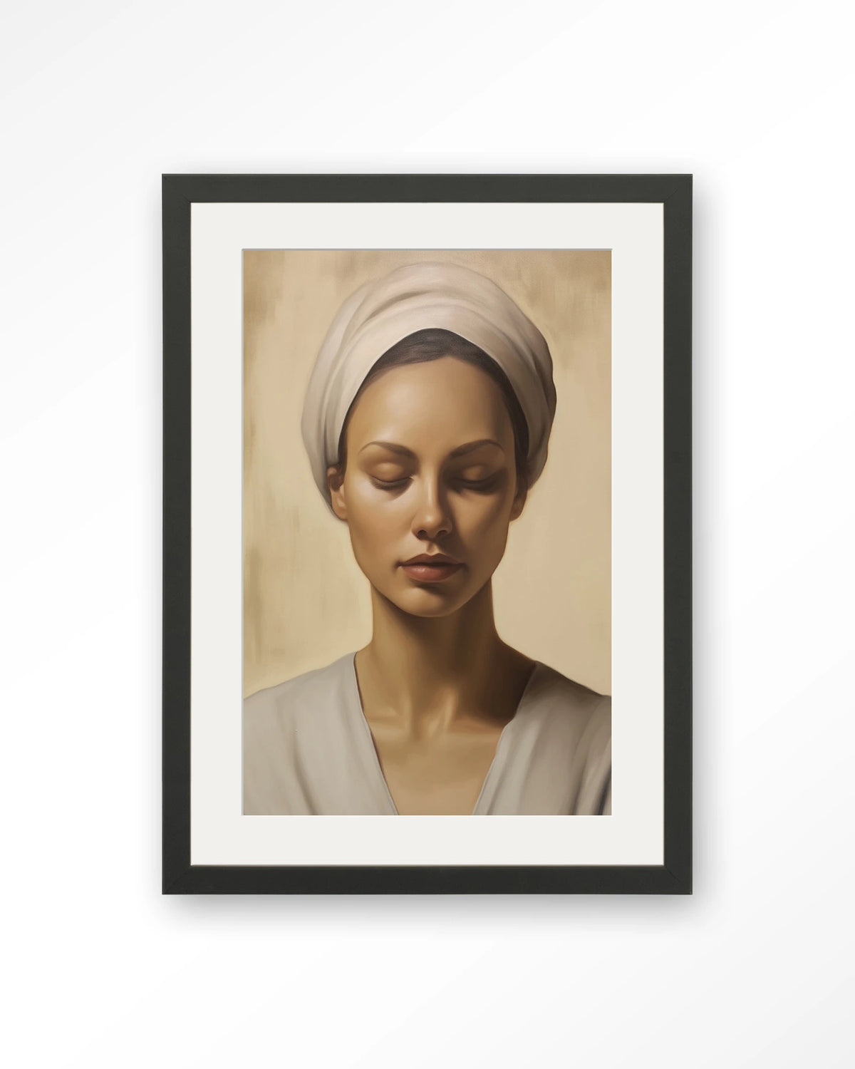 Healing – portret van een vrouw met hoofddoek – Art print – Hout zwart + passe-partout