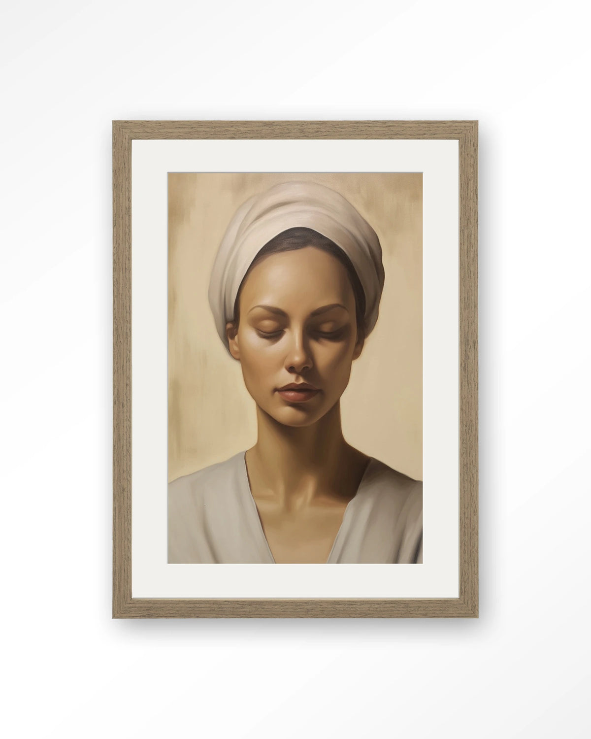Healing – portret van een vrouw met hoofddoek – Art print – Hout bruin + passe-partout