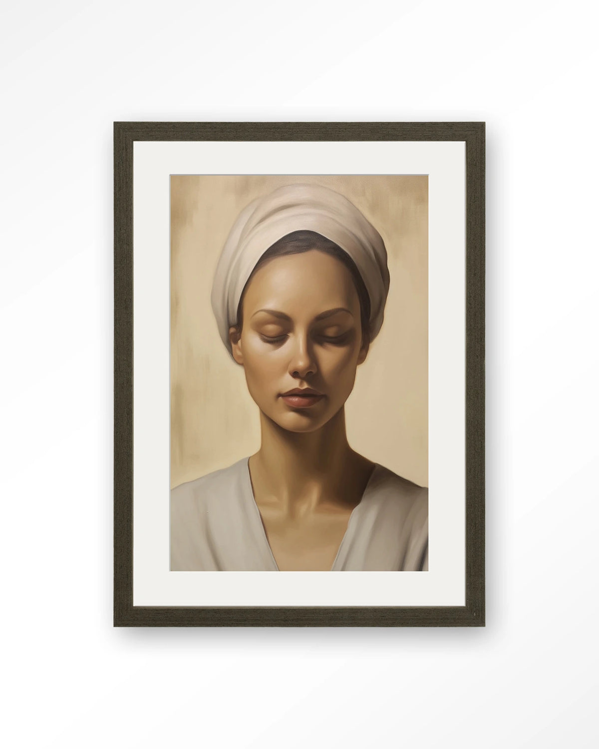 Healing – portret van een vrouw met hoofddoek – Art print – Hout donkerbruin + passe-partout