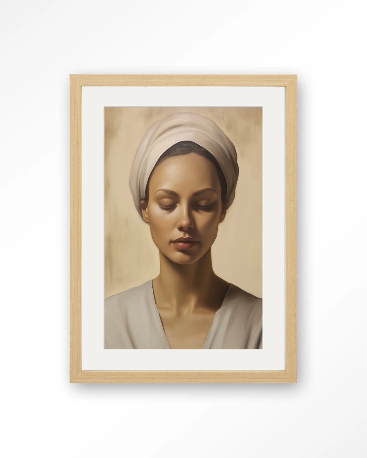 Healing – portret van een vrouw met hoofddoek – Art print – Hout naturel + passe-partout
