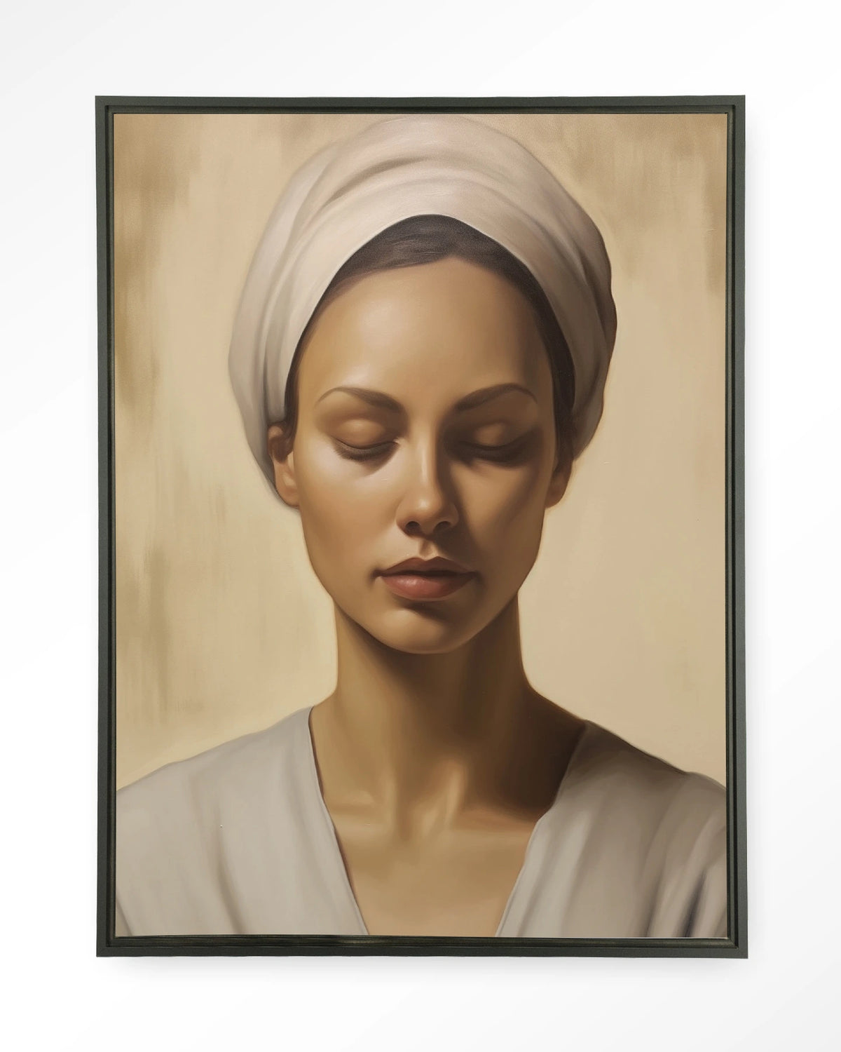 Healing – portret van een vrouw met hoofddoek – Wandkleed – Floating frame – zwart