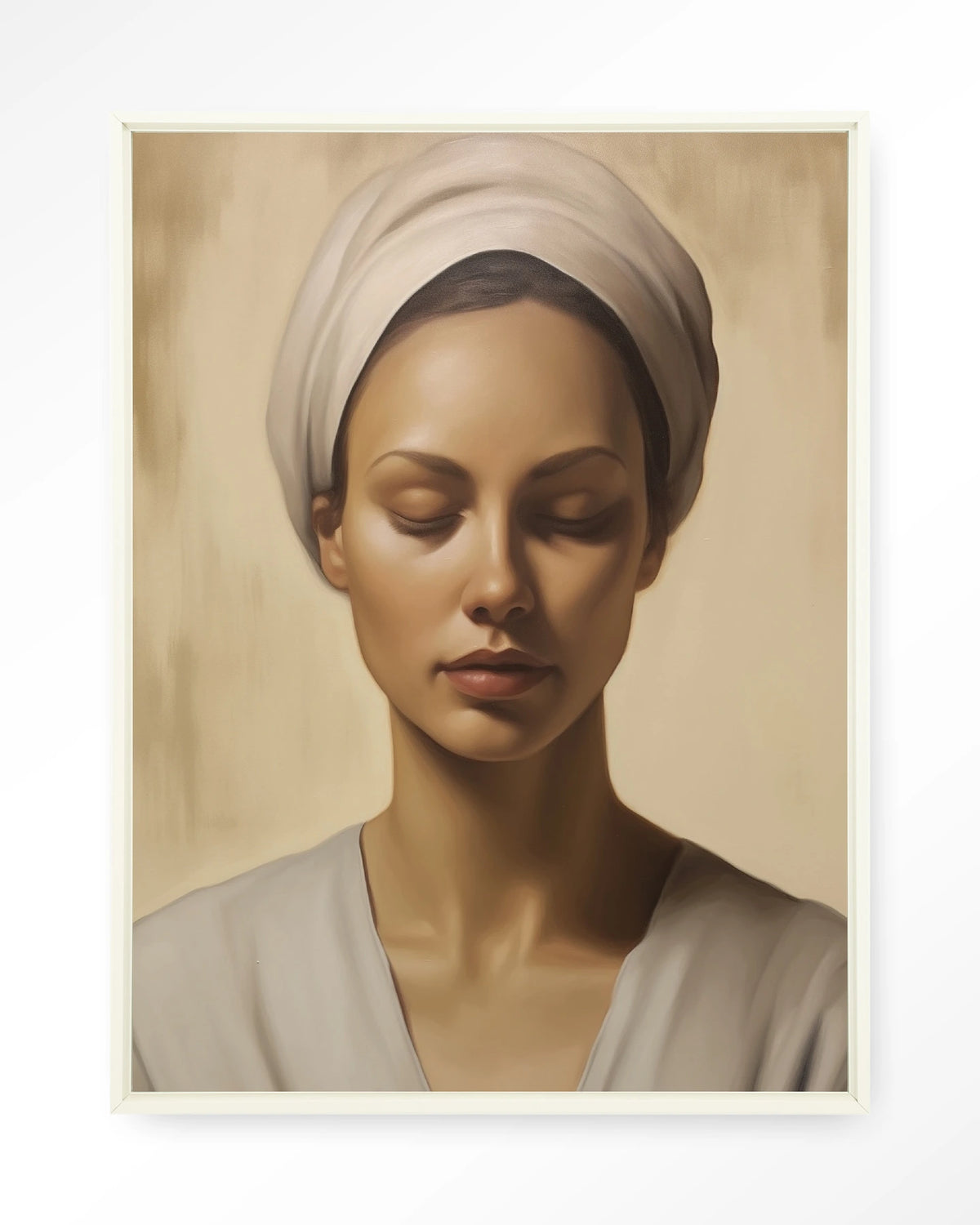 Healing – portret van een vrouw met hoofddoek – Wandkleed – Floating frame – wit