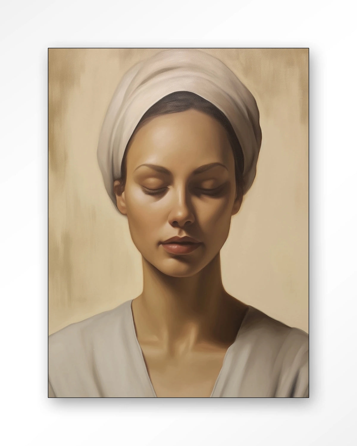 Healing – portret van een vrouw met hoofddoek – Wandkleed – Frame – zwart
