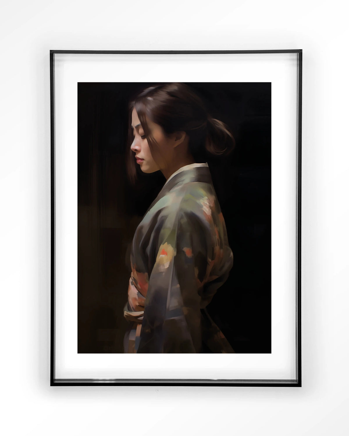 Kimono Tales – vrouw in kimono, zijaanzicht – Art print – Acryl zwart